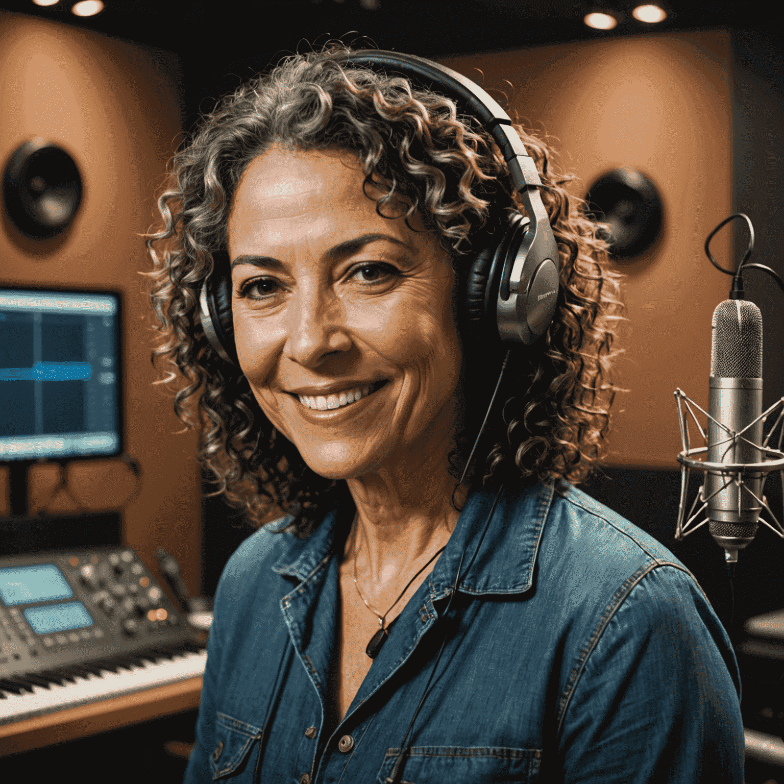 Foto de Maria Silva, uma mulher de meia-idade com cabelos cacheados e sorriso acolhedor, usando fones de ouvido em um estúdio de gravação
