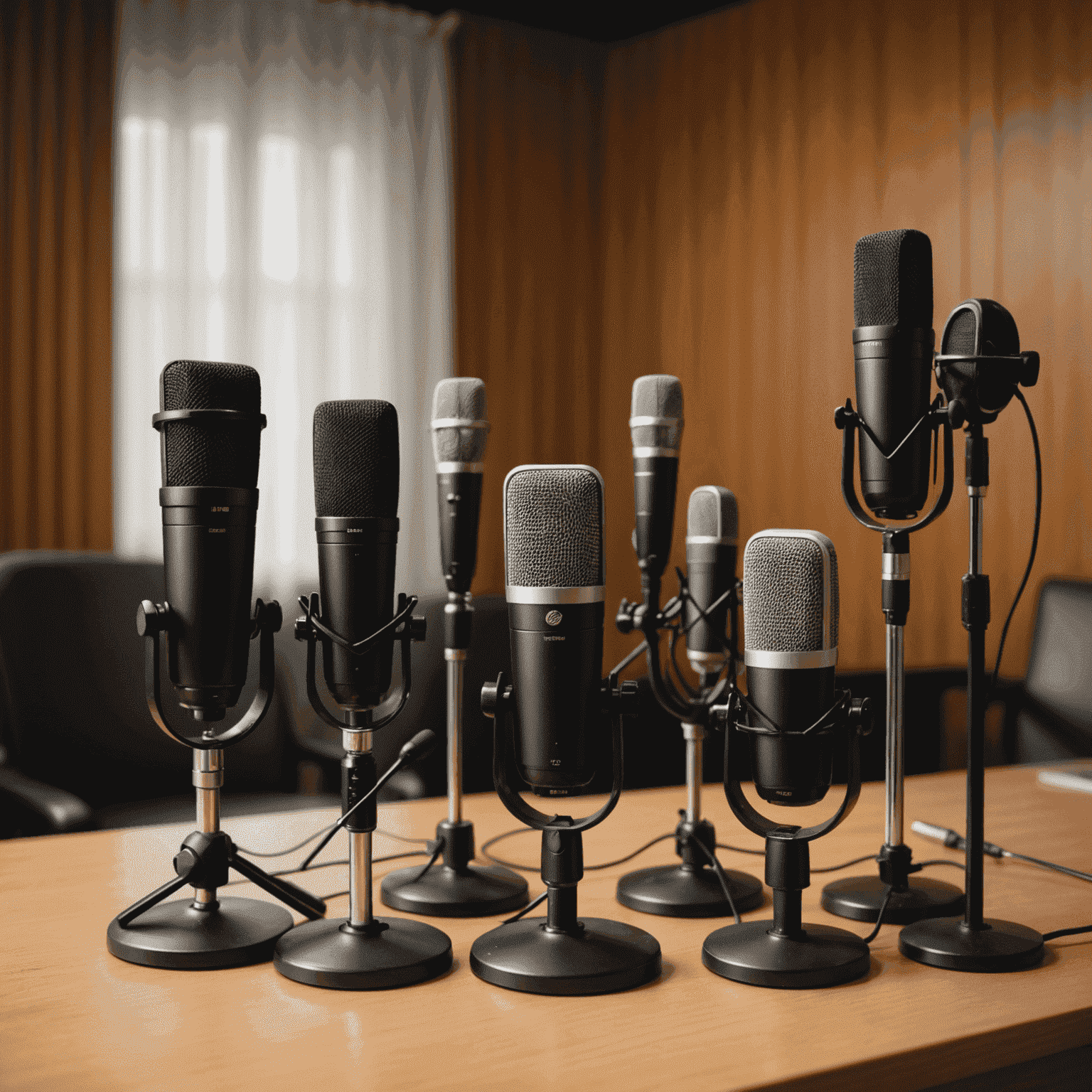 Vários microfones profissionais para podcasting dispostos em uma mesa de estúdio