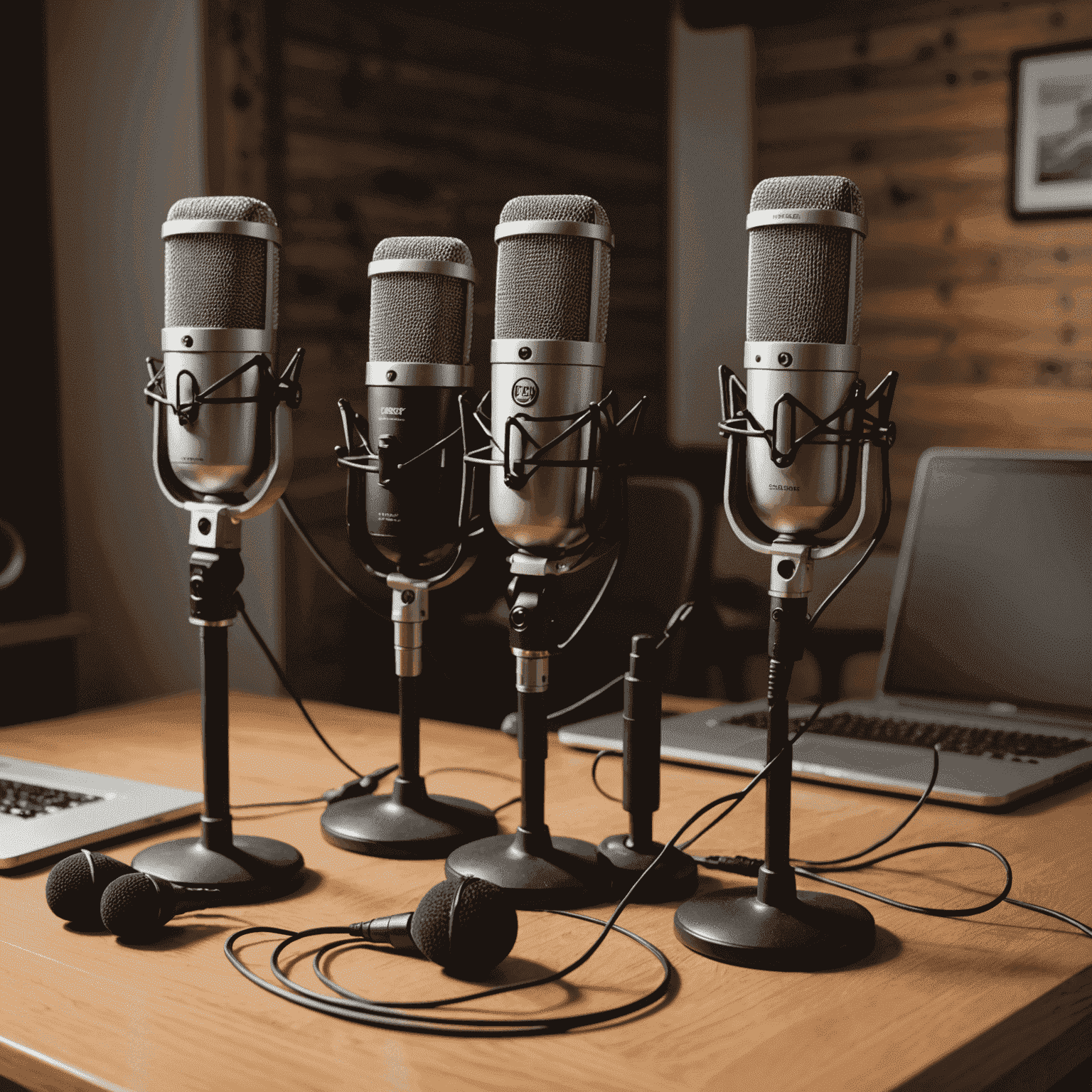 Variedade de microfones profissionais para podcasting, incluindo modelos USB e XLR, dispostos em uma mesa de madeira em um estúdio acolhedor
