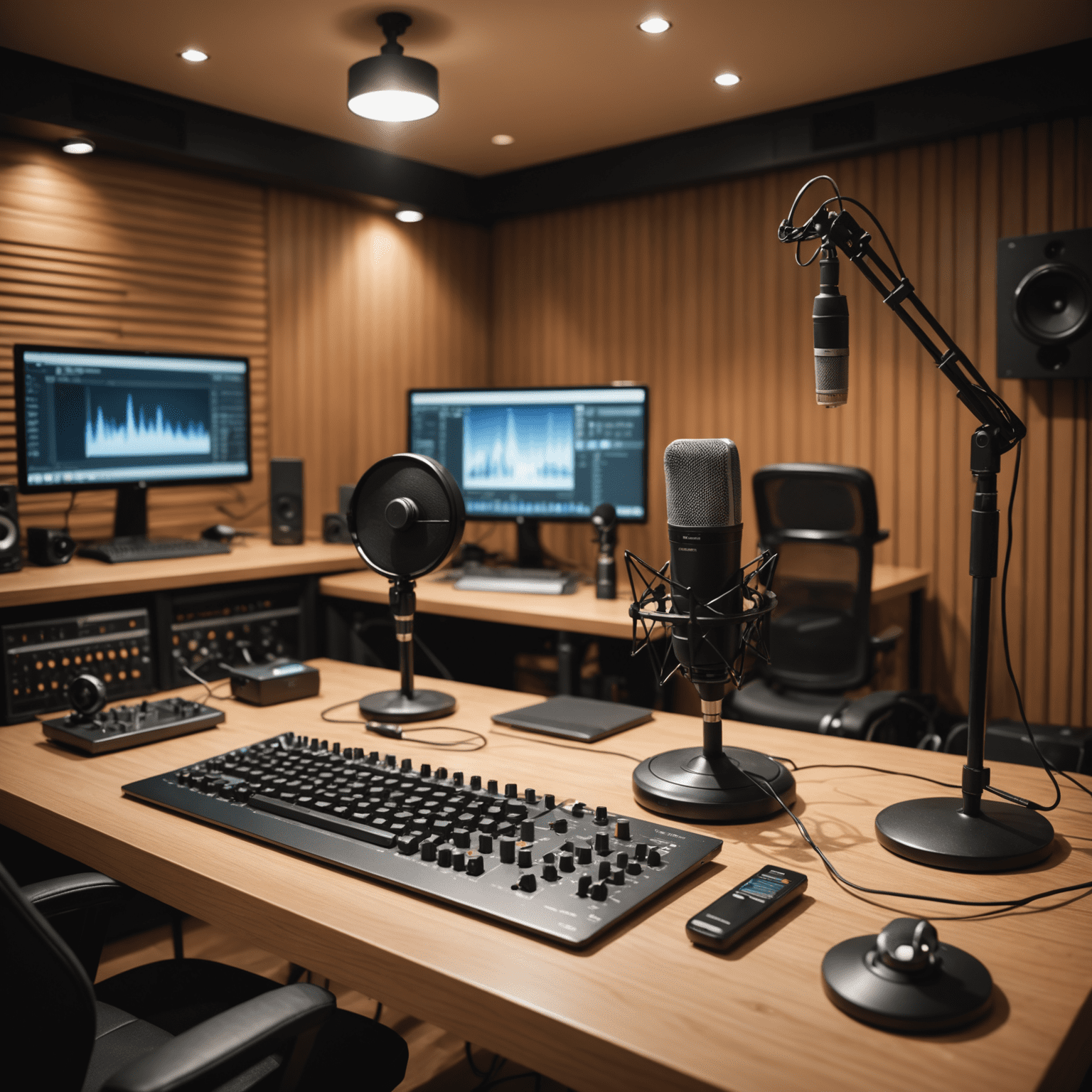 Imagem de um estúdio de podcast com microfones profissionais, fones de ouvido e equipamento de gravação. Ondas sonoras suaves são ilustradas no fundo, criando uma atmosfera relaxante e profissional.