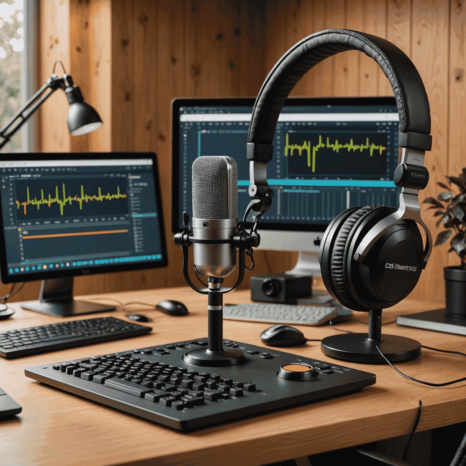 Uma mesa de edição de áudio com um microfone, fones de ouvido e um computador exibindo uma interface de software de edição de podcast. Ondas sonoras suaves e elementos naturais decoram o fundo.