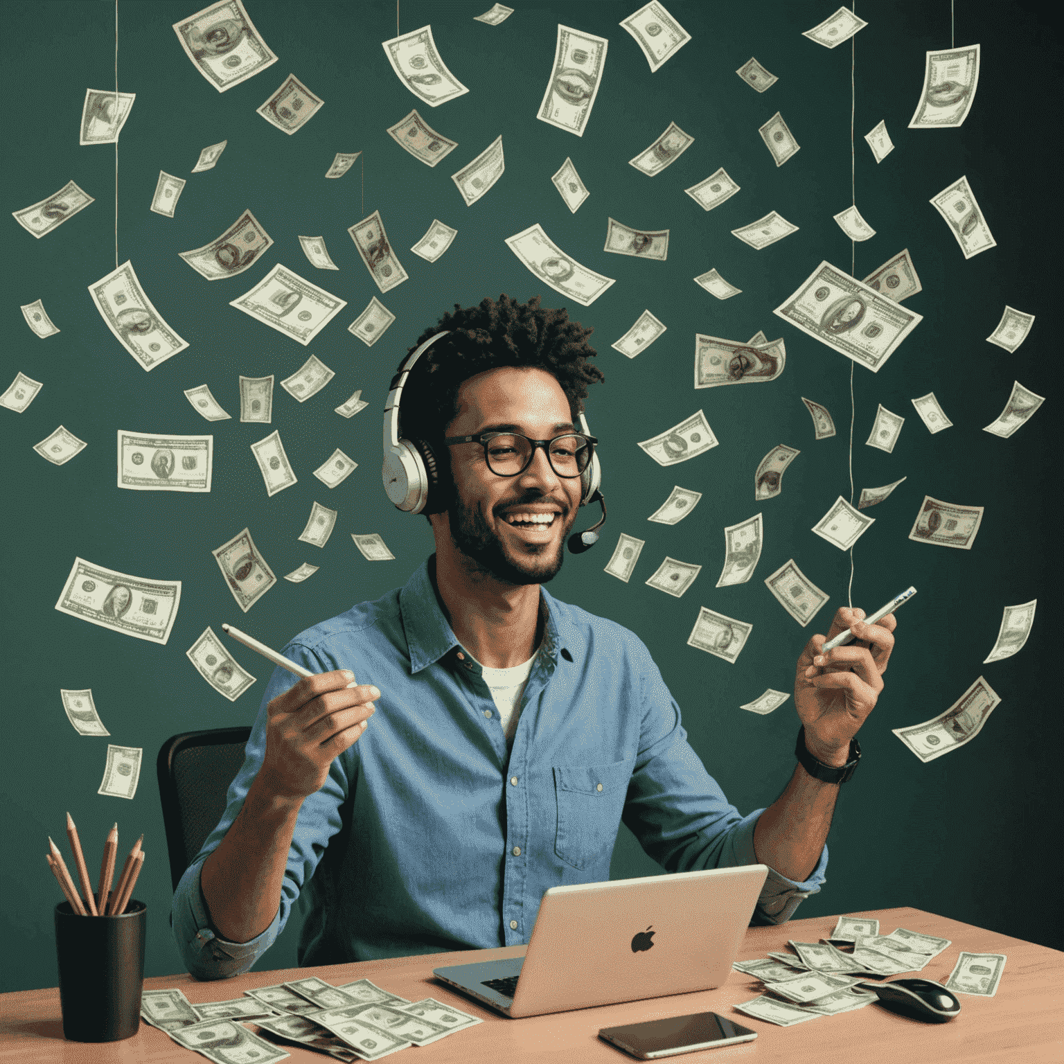 Ilustração de uma pessoa gravando um podcast com notas de dinheiro flutuando ao redor, simbolizando a monetização