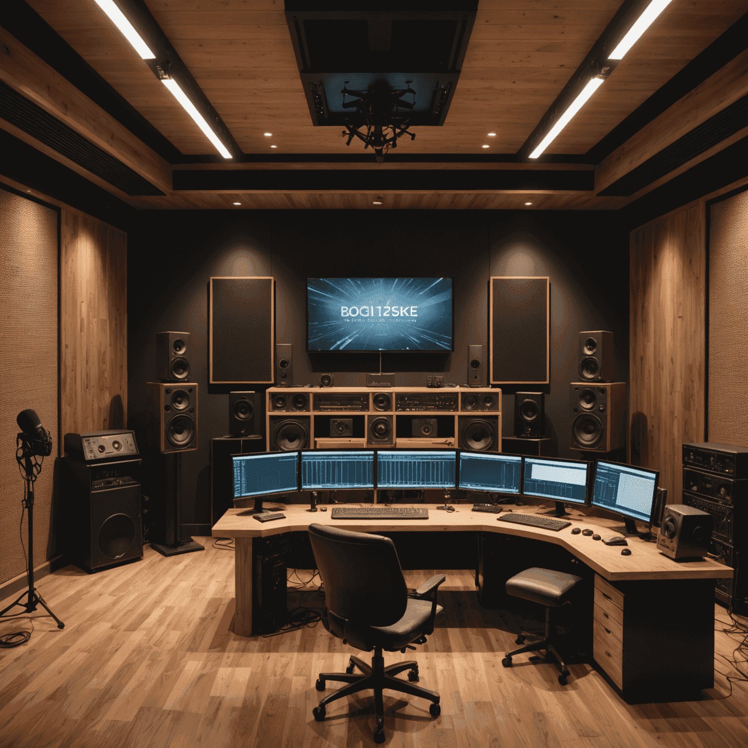 Vista panorâmica do estúdio de podcast profissional, mostrando microfones de alta qualidade, mesas de mixagem, monitores de áudio e cabines de gravação isoladas acusticamente