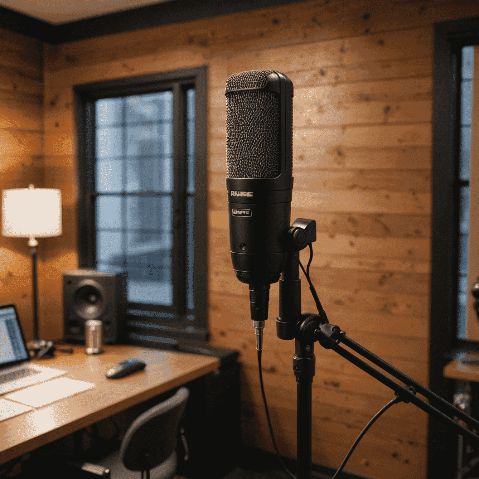 Microfone Shure SM7B montado em um braço articulado em um estúdio de podcast aconchegante