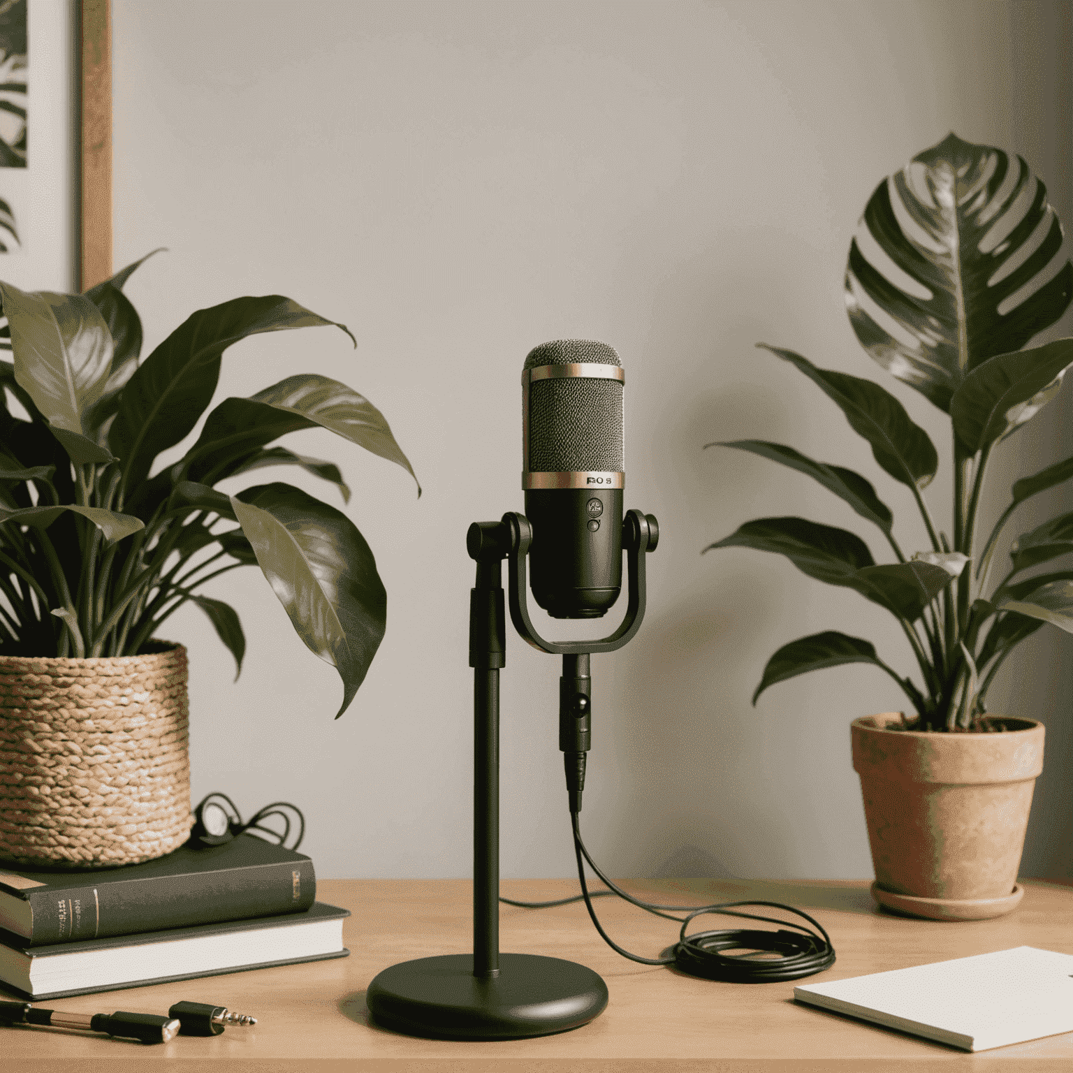 Microfone Rode PodMic em um suporte de mesa, cercado por plantas e elementos decorativos acolhedores