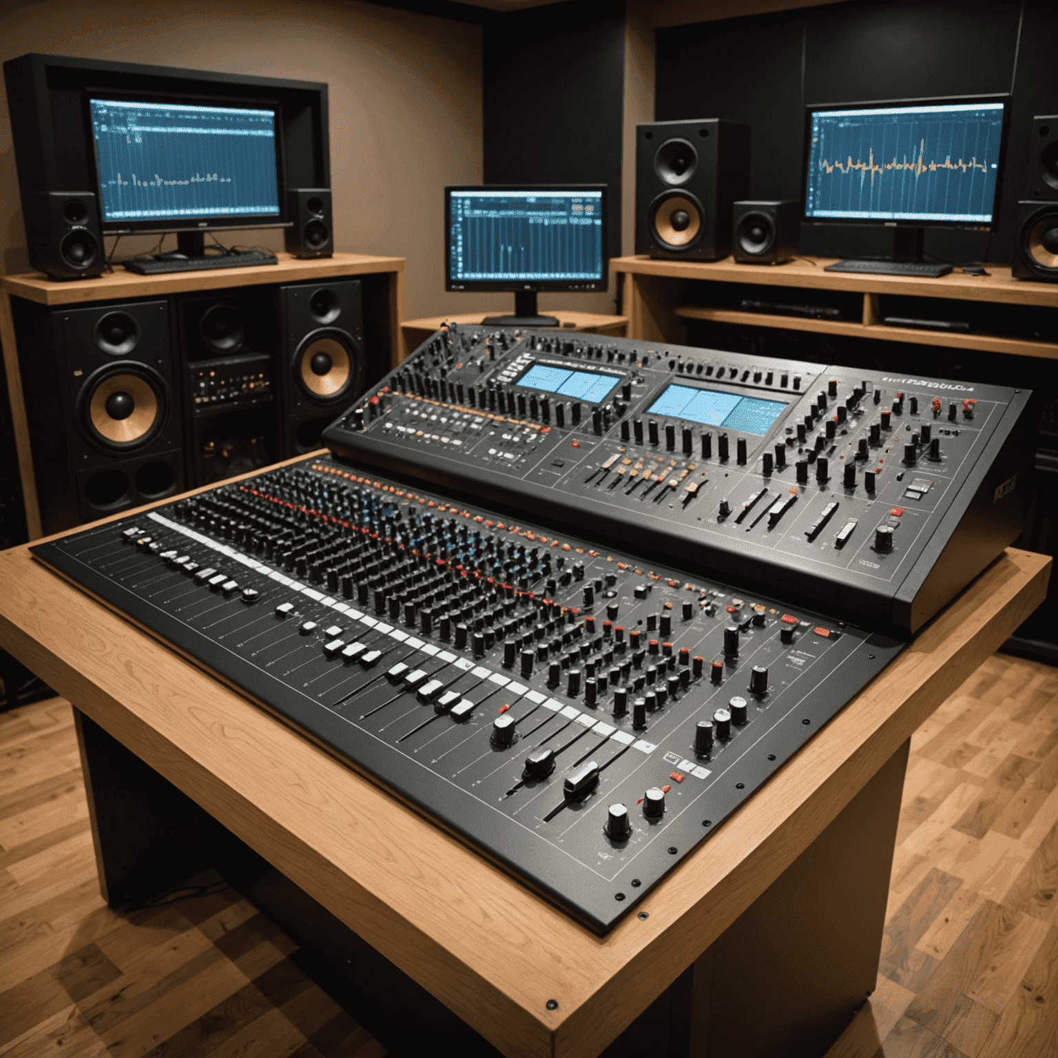 Mesa de controle com equipamentos de áudio profissionais, incluindo mixers, compressores, equalizadores e monitores de áudio