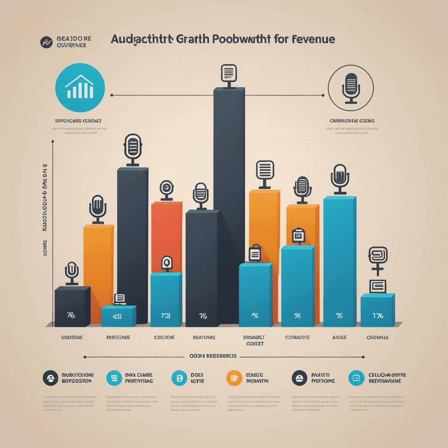 Gráfico mostrando crescimento de receita de podcast e ícones de diferentes fontes de renda