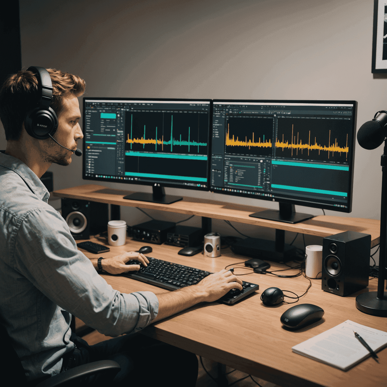 Estação de trabalho de edição de áudio, mostrando um computador com software de edição aberto e um profissional trabalhando na pós-produção de um podcast