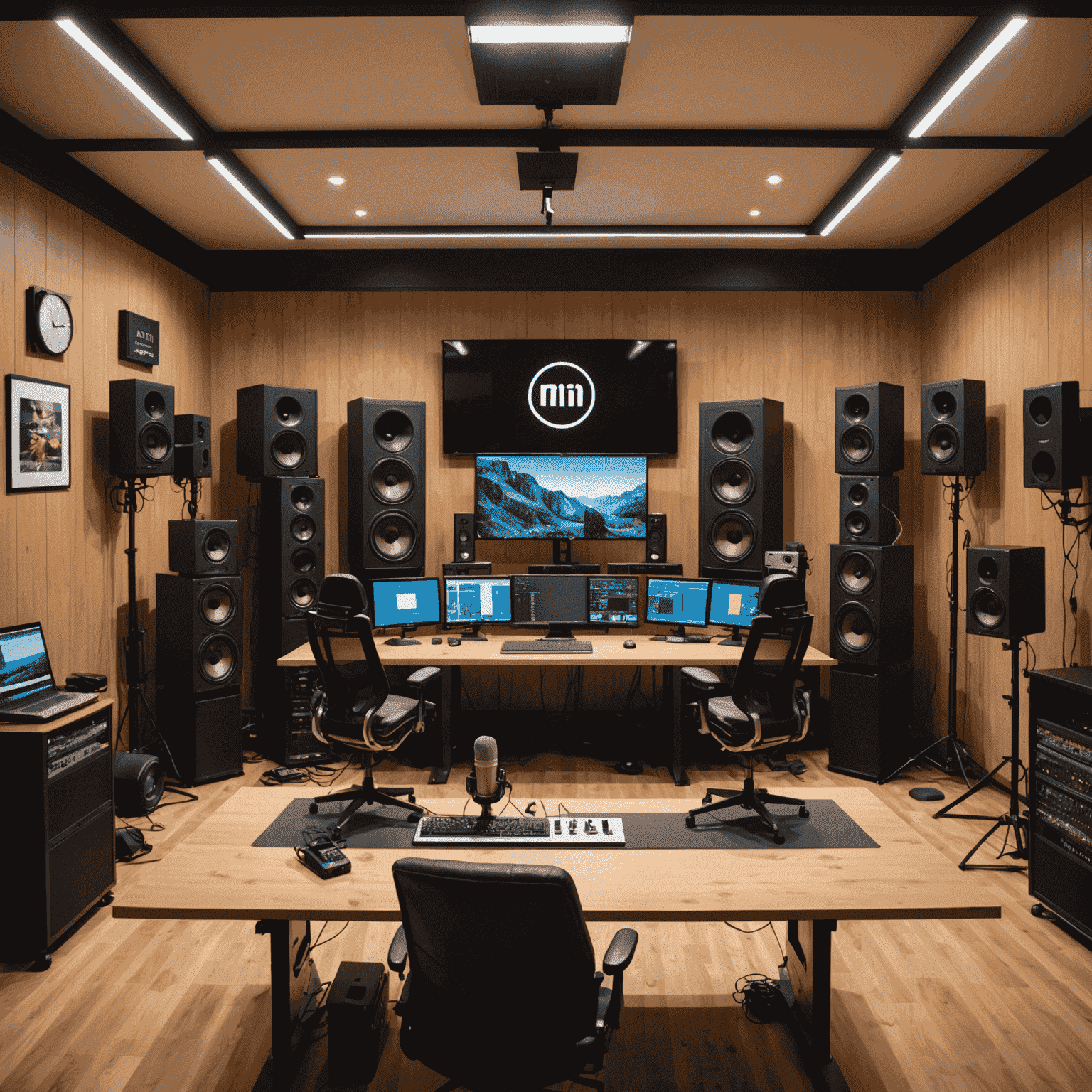 Vista panorâmica de um estúdio de podcast profissional com equipamentos de gravação e área de produção
